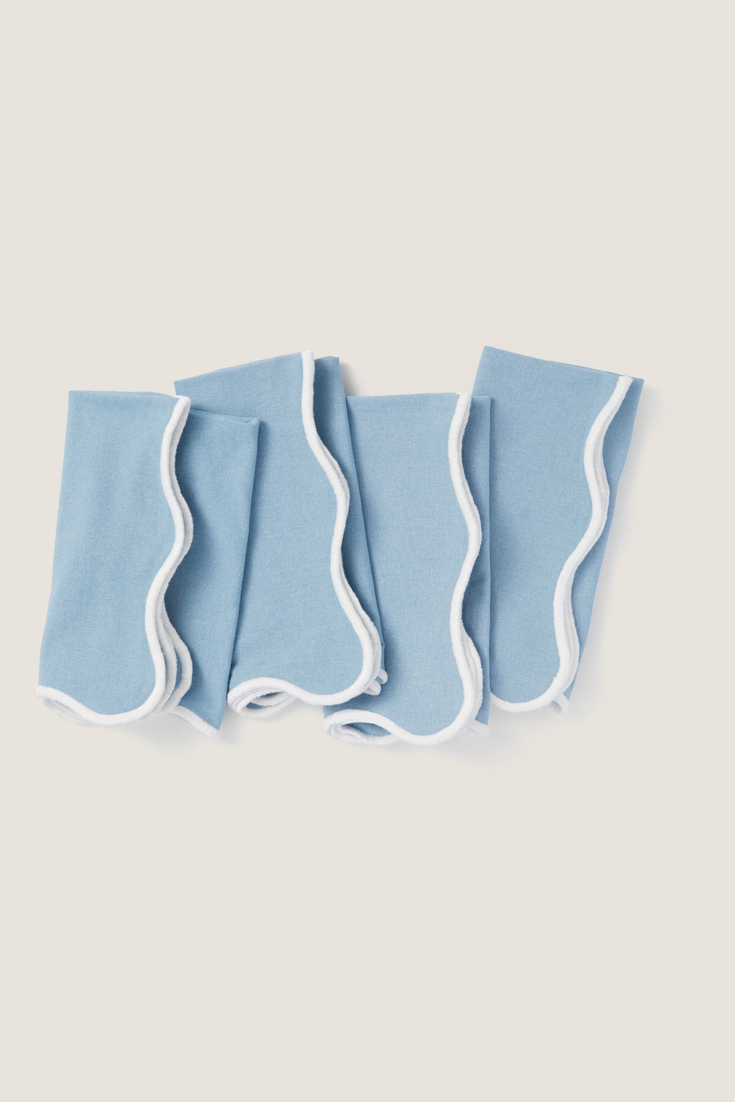 Dusty Blue and White Embroidered Scalloped Napkins Set of 4