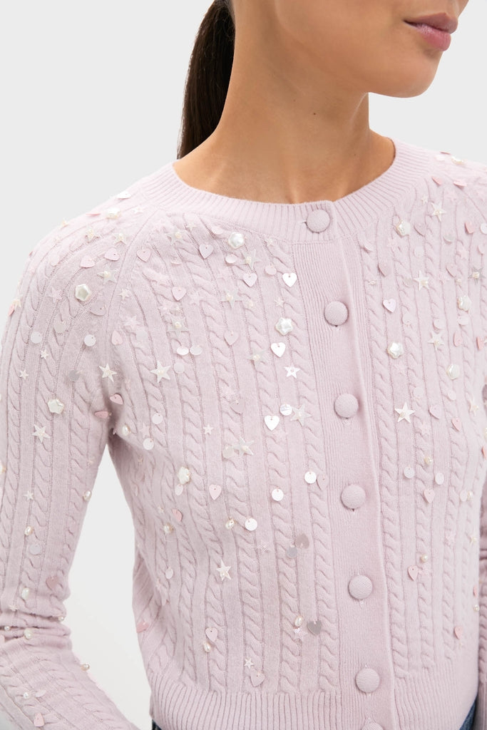 Blush Pink Gilberte Embroidered Cardigan with classic cable-knit design, effortless pale-pink hue, and fun pastel sequin shapes, exudes a high-end charm perfect for any occasion.