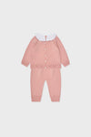 Dusty Pink Baya Merino Baby Girl Knitted Set: Effortlessly classic, this high-end two-piece features a ruffled collar cardigan and matching pants with heart details for fun, timeless charm.