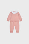 Dusty Pink Baya Merino Baby Girl Knitted Set: classic, high-end sweater with heart-lace trim, ruffled collar, and matching pants, offering effortless charm and fun for everyday wear.