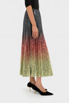 Ombre Sequin Bleeker Maxi Skirt features a classic, high-end ombré design with sequins and pleats, paired effortlessly with black kitten-heel pumps for a fun, confident look.