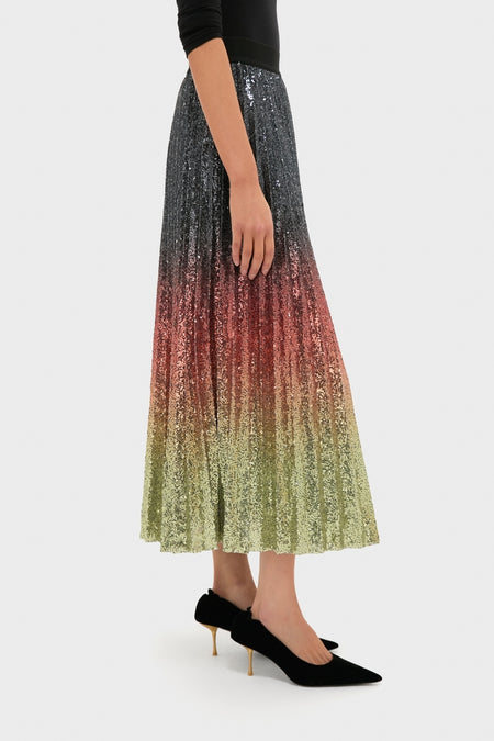 Ombre Sequin Bleeker Maxi Skirt features a classic, high-end ombré design with sequins and pleats, paired effortlessly with black kitten-heel pumps for a fun, confident look.
