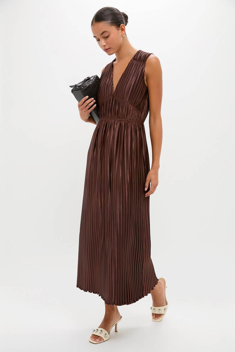 Brown Pleated Chloe Maxi Dress | English Factory Brown Pleated Chloe Maxi Dress | English Factory
