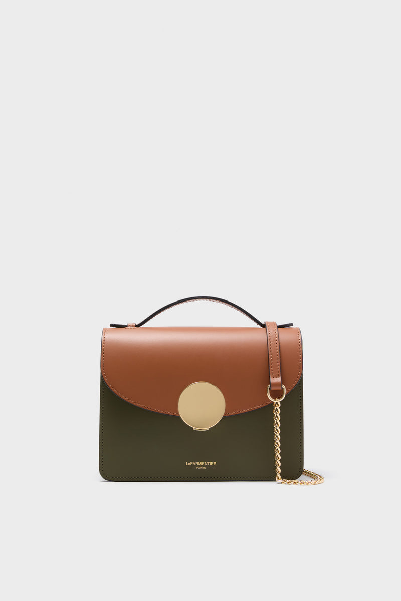 Caramel and Military Green Ondina Medium Color-Block Bag with classic leather and chain straps, gold-tone clasp, and high-end details for an effortless, fun style.