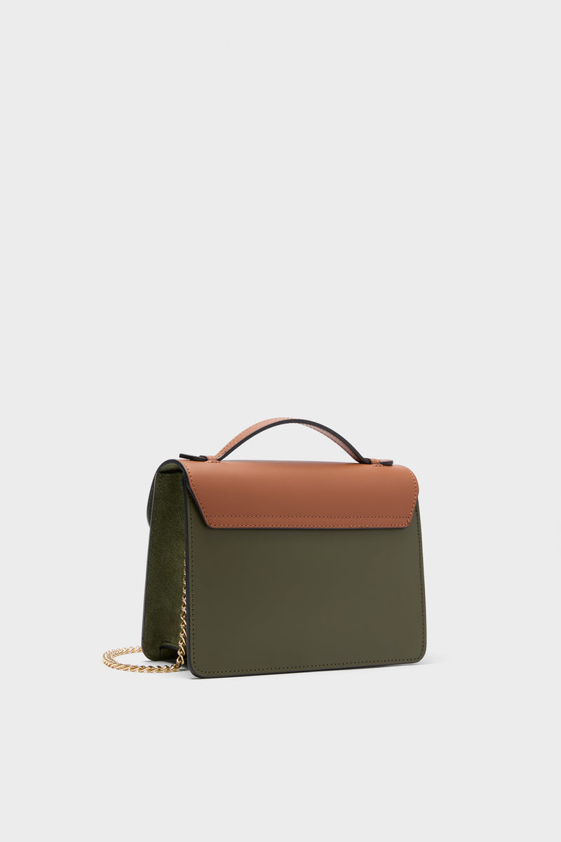 Caramel and Military Green Ondina Medium Color-Block Bag with a classic, effortless design featuring a leather handle, gold-tone chain strap, and high-end details for versatile, fun styling.