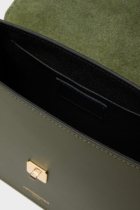 Classic Caramel and Military Green Ondina Medium Color-Block Bag with gold-tone clasp, open flap revealing suede lining, embodying effortless, high-end style. Perfect for versatile, fun fashion.