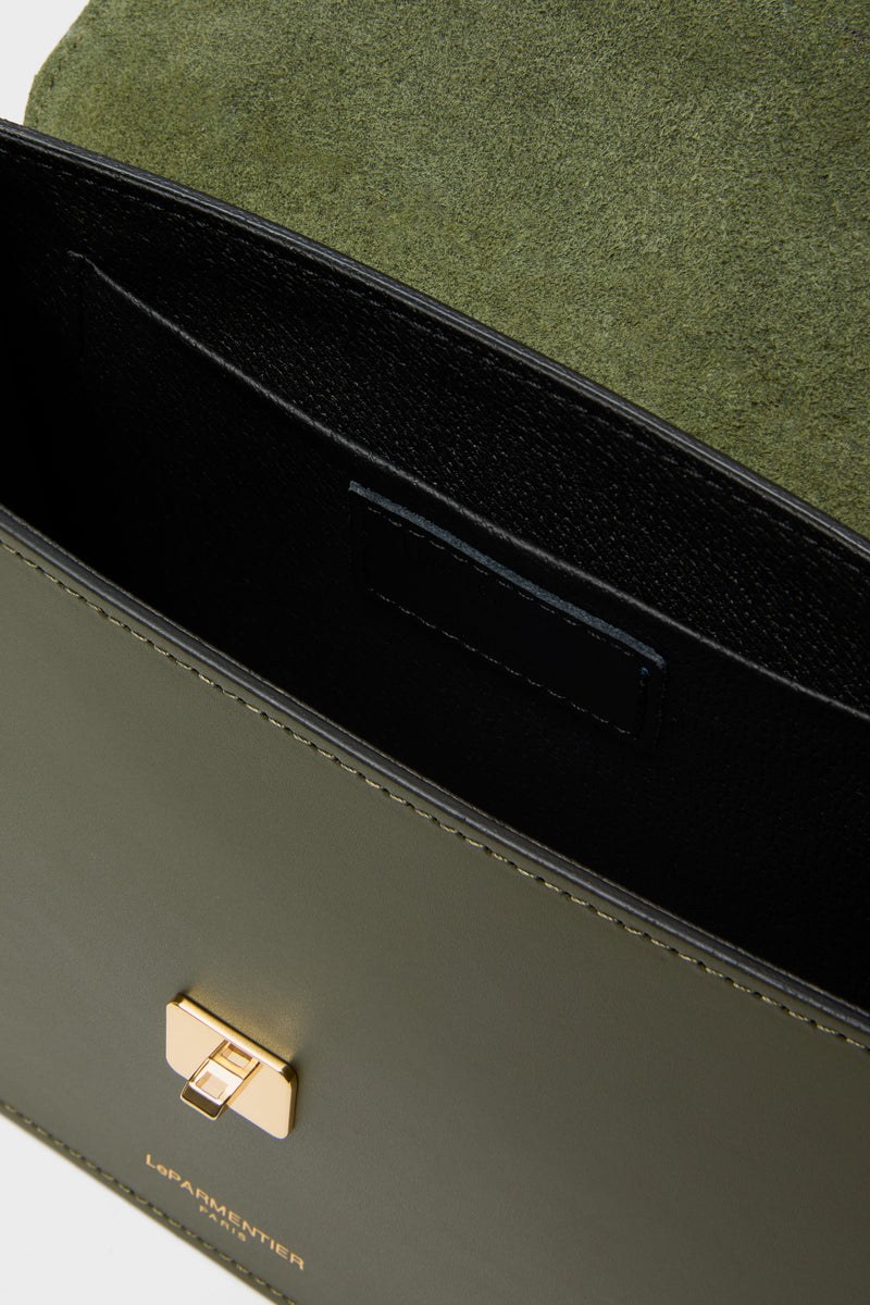 Classic Caramel and Military Green Ondina Medium Color-Block Bag with gold-tone clasp, open flap revealing suede lining, embodying effortless, high-end style. Perfect for versatile, fun fashion.