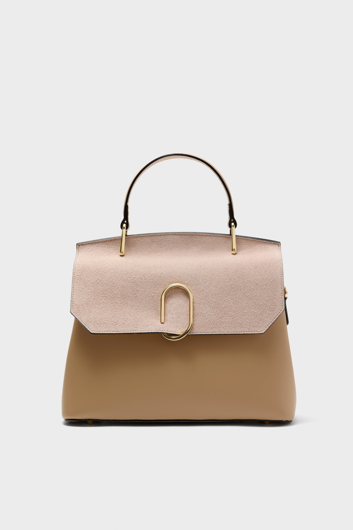 Nude Thais Satchel Bag: Classic two-tone handbag with a suede flap, structured leather body, gold-tone clasp, and versatile compartments for an effortless, high-end accessory.