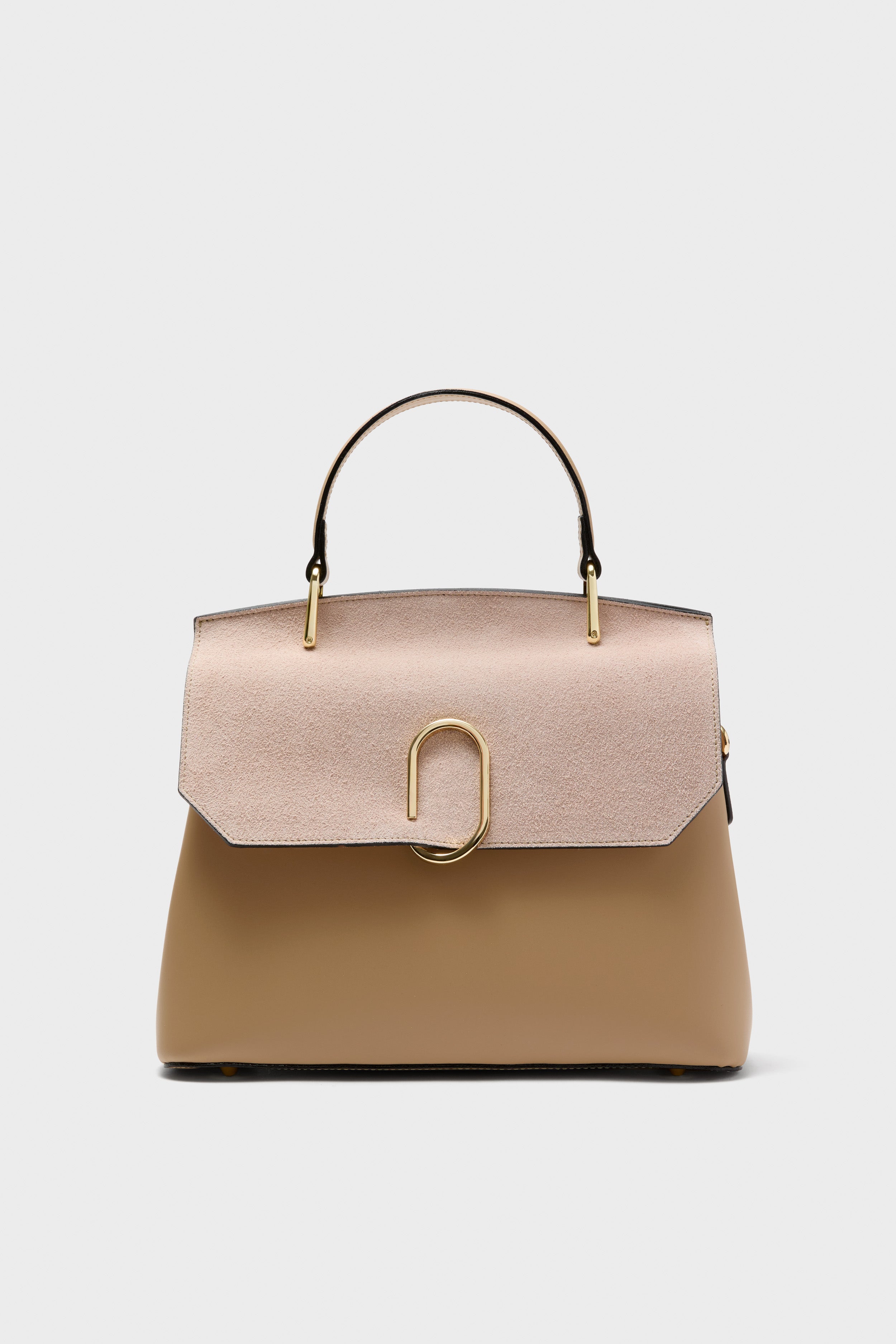 Nude Thais Satchel Bag: Classic two-tone handbag with a suede flap, structured leather body, gold-tone clasp, and versatile compartments for an effortless, high-end accessory.