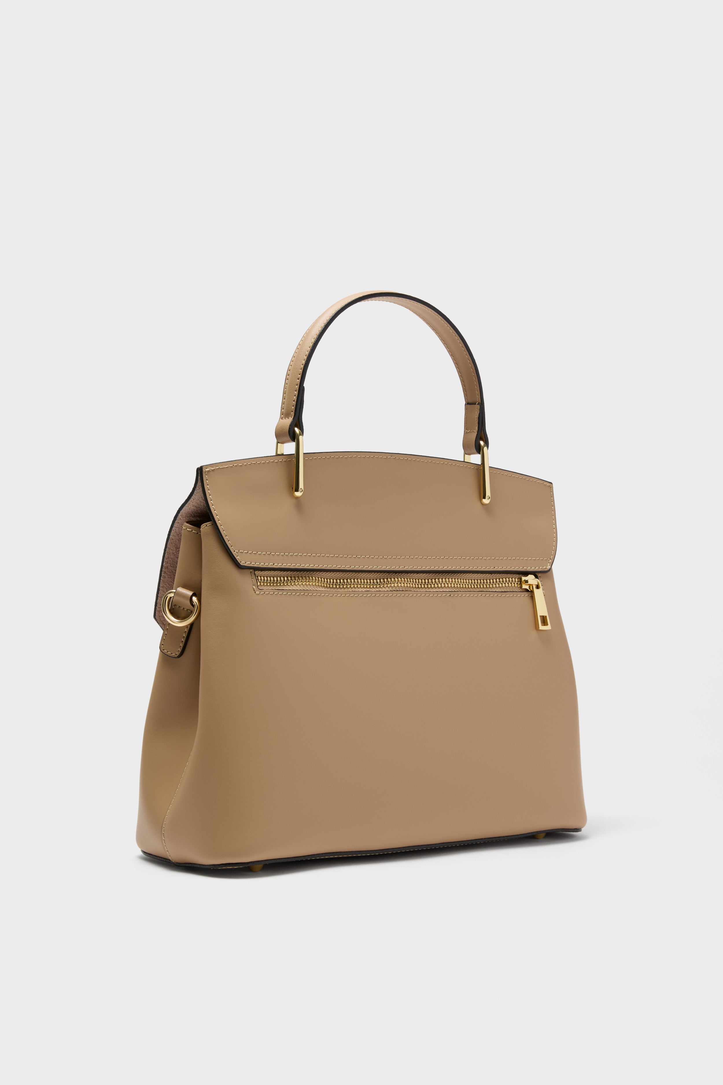 Nude Thais Satchel Bag in camel-tan leather with gold-tone hardware. Features structured design, top handle, and multiple compartments for an effortless, classic, high-end look.