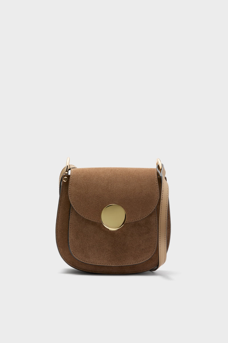 Taupe Agave Shoulder Bag: Classic suede saddle-style, gold-tone clasp, fun and effortless design. High-end Italian craftsmanship with adjustable strap and practical pockets.