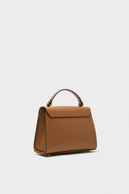 Caramel Peggy Top Handle Satchel Bag in smooth leather with gold-tone hardware, featuring a classic fold-over flap and detachable strap for an effortless, high-end style.