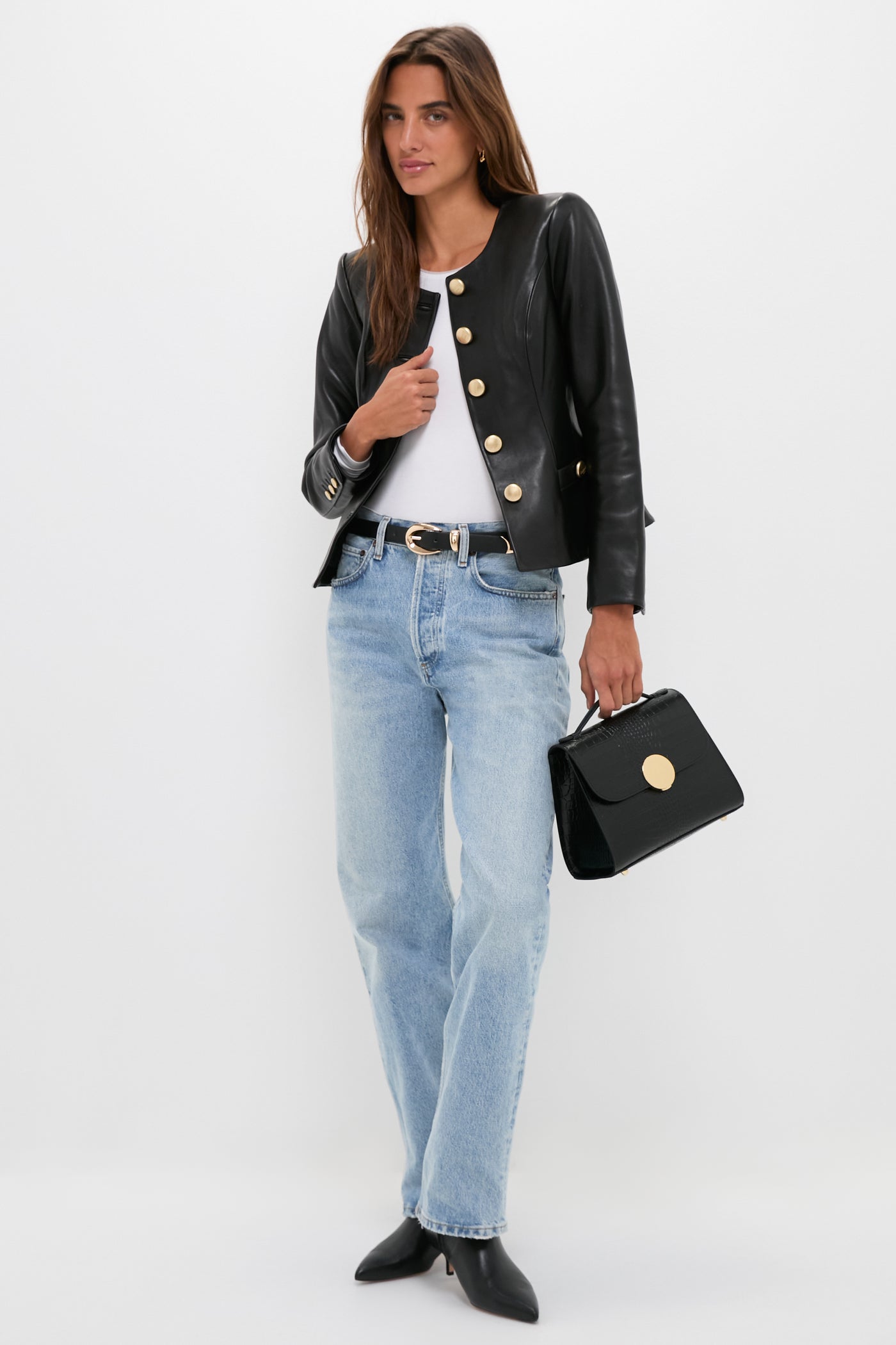 Black Bombo Croco Top Handle Satchel Bag, classic and high-end, with gold hardware and structured design, effortlessly complements the woman's fun, confident style.