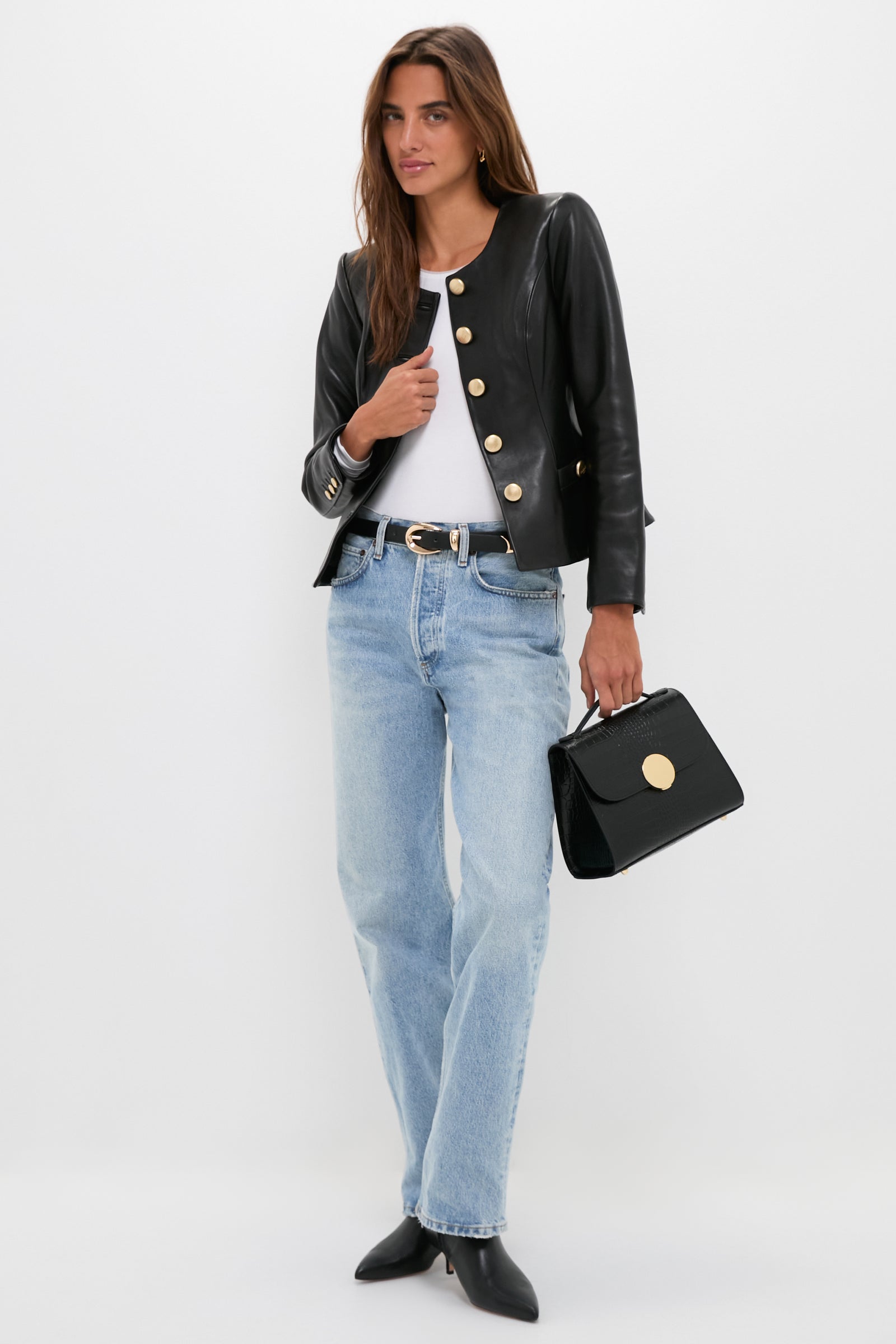 Black Bombo Croco Top Handle Satchel Bag, classic and high-end, with gold hardware and structured design, effortlessly complements the woman's fun, confident style.