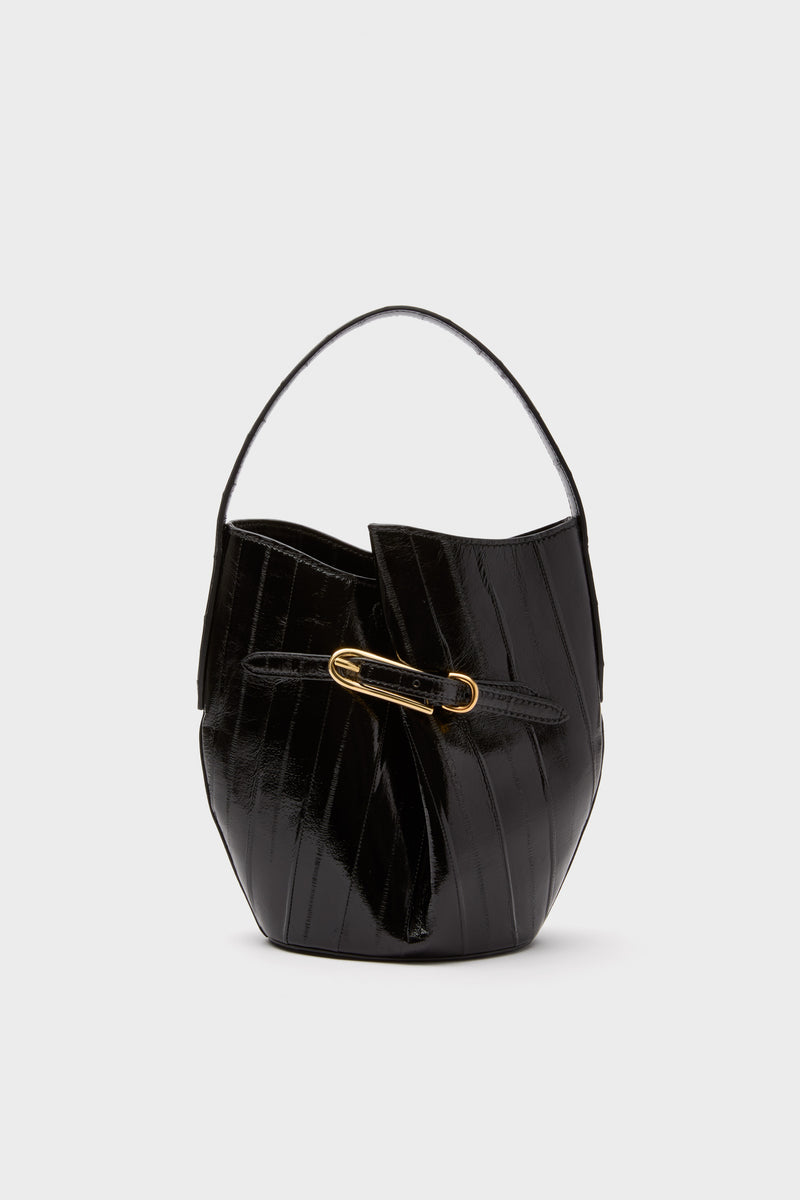 Black Eel Skin Mini Belted Bucket Bag