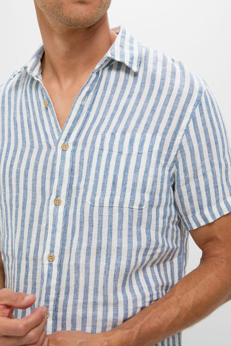Ivory Stripe Short Sleeve Palma Linen Shirt showcases classic, effortless style with vertical stripes, wooden-tone buttons, and a chest pocket, embodying high-end, fun summer fashion.