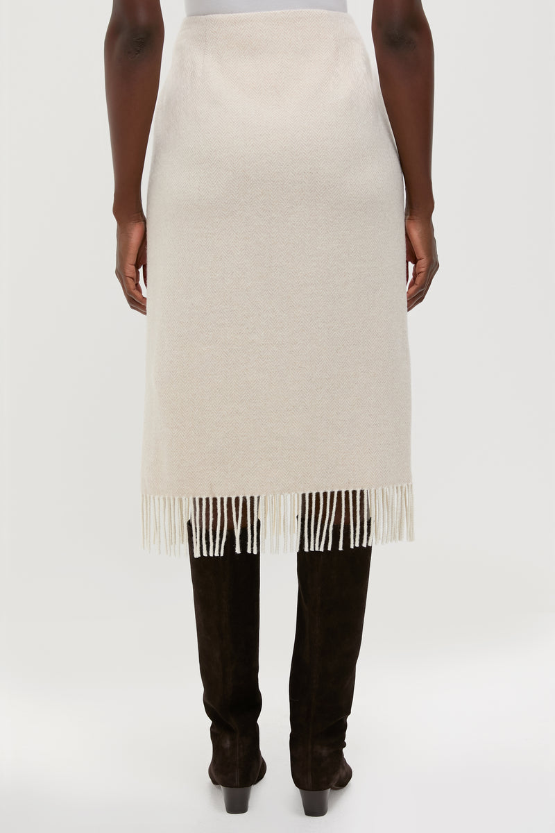 Cream Herringbone Midi Pencil Skirt