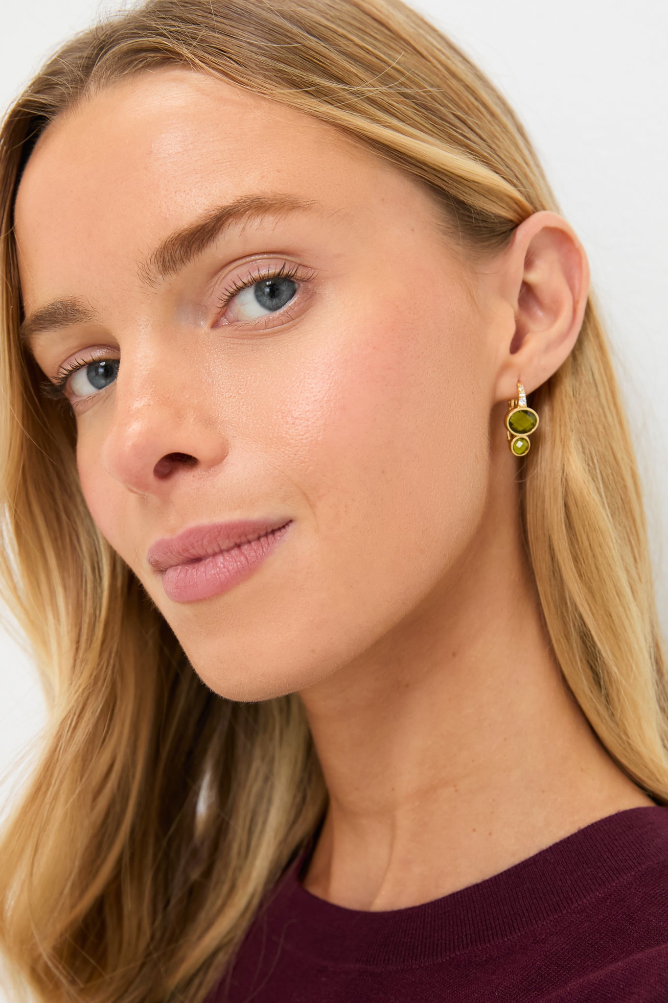 Classic and high-end Olive Crystal Remy Earrings with olive gemstones and cubic zirconia on gold-plated brass, offering effortless elegance and fun sophistication.