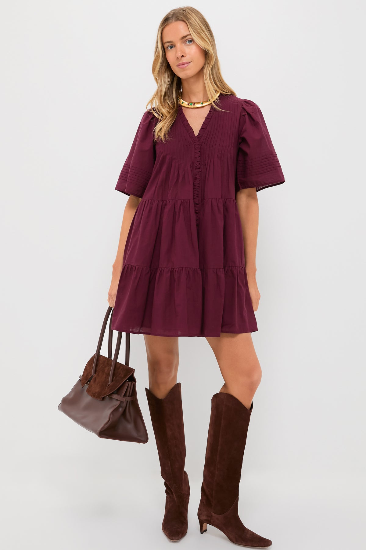 burgundy dress short sleeve 425-4 MATILDE with a neckline and sleeves - color 1x Women Dress Exclusive Burgundy Anise Short Sleeve