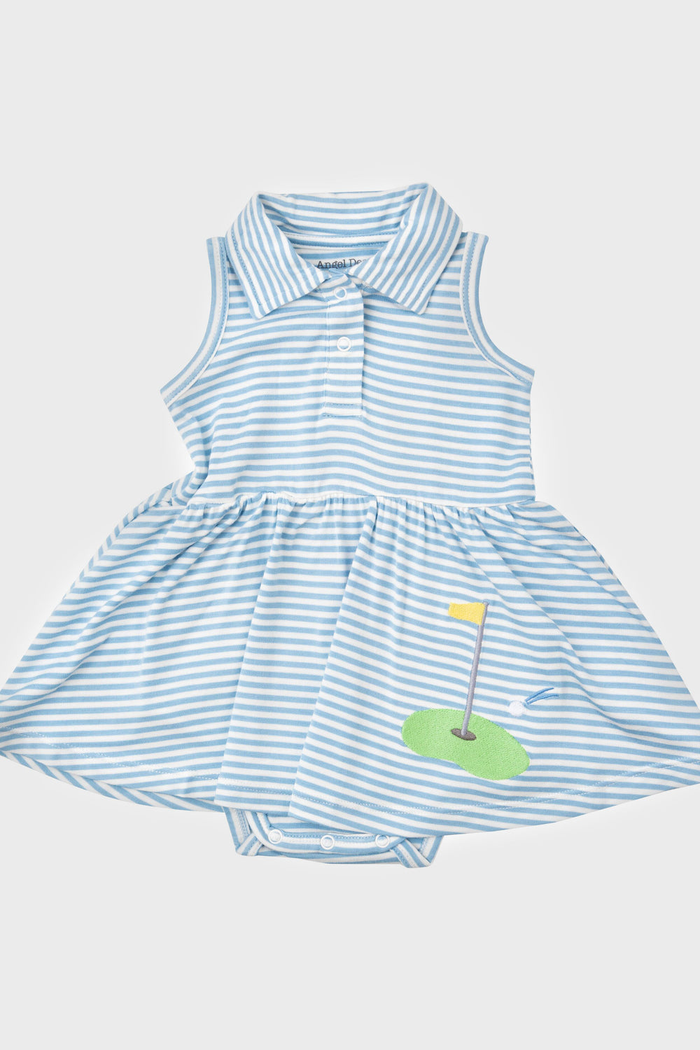 An Angel Dear blue and white striped collared baby dress.