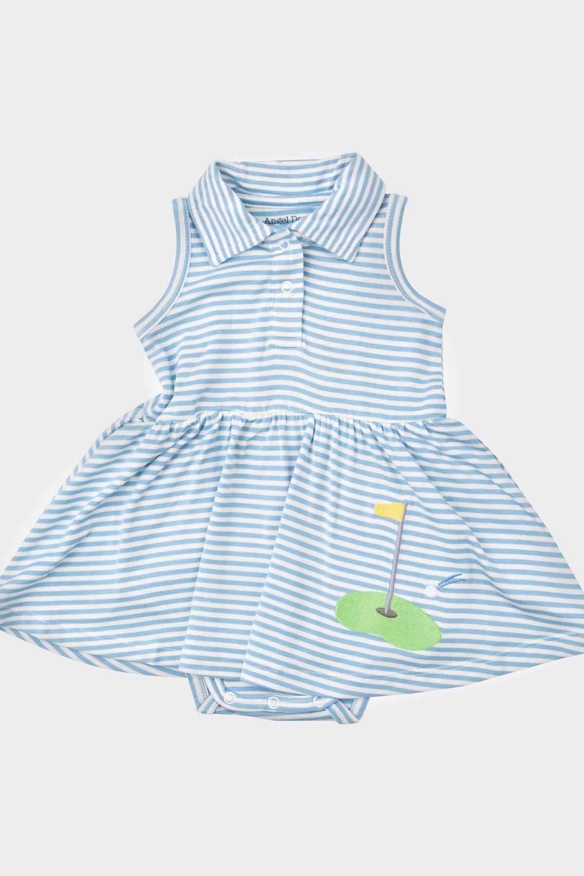 An Angel Dear blue and white striped collared baby dress.