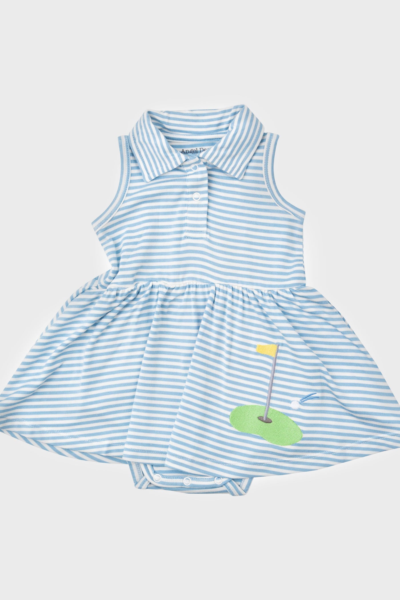 An Angel Dear blue and white striped collared baby dress.