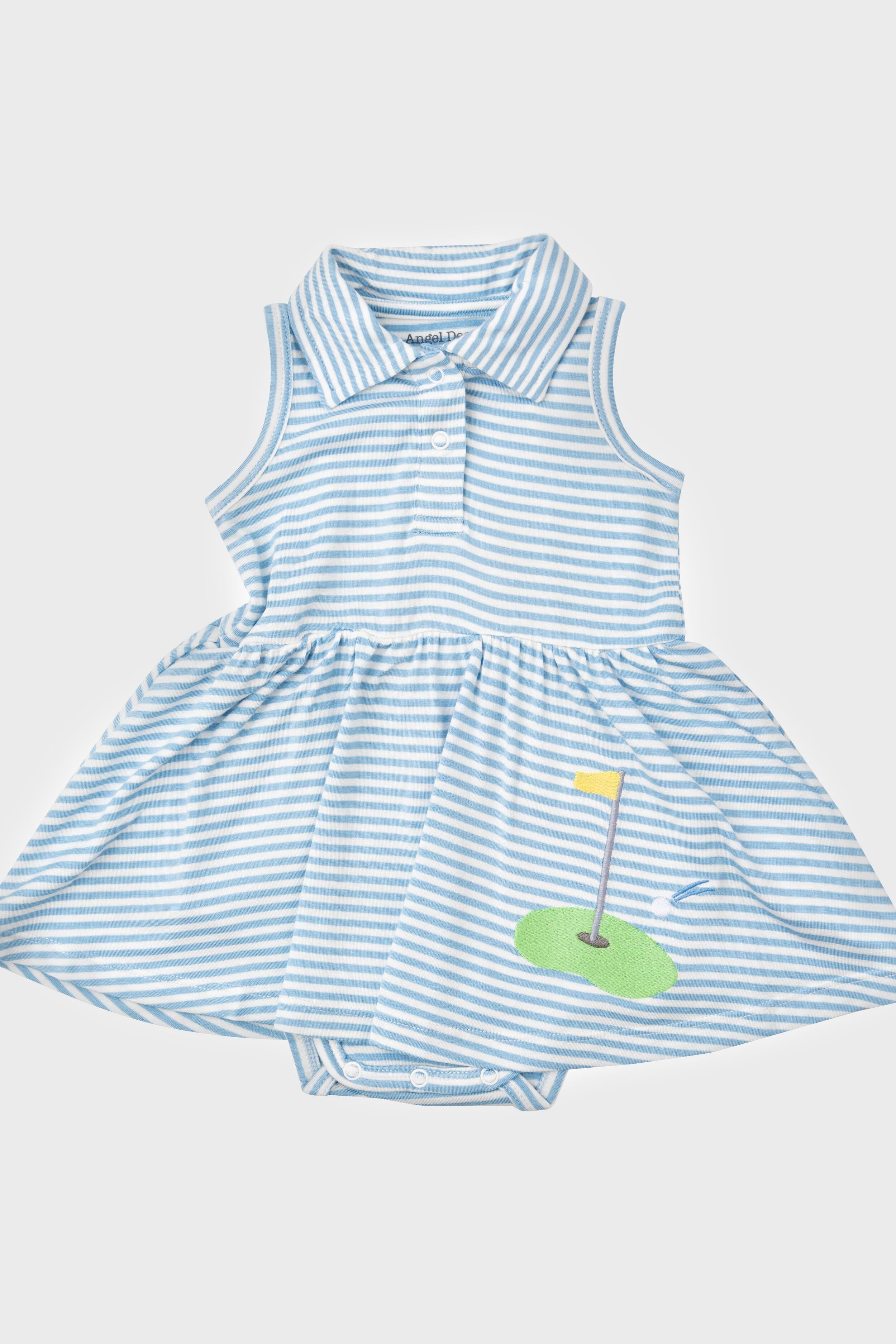 An Angel Dear blue and white striped collared baby dress.