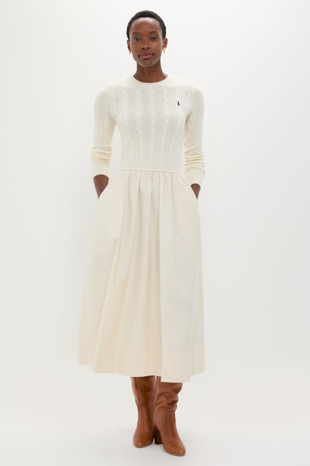 Authentic Cream Crewneck Long Sleeve Fit and Flare Dress