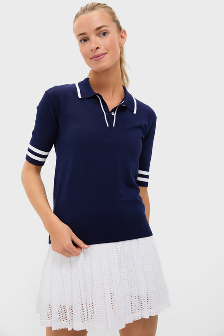 Navy and White Short Sleeve Performance Knit Nora Sweater Polo