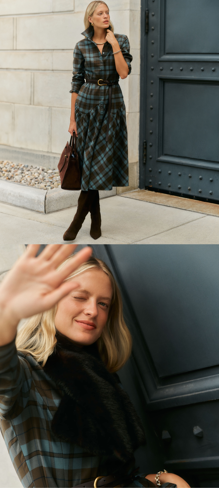 Image one: Woman in a blue and brown plaid dress and tall boots. Image two: Woman putting her hand up in a brown and plaid dress with a scarf around her neck. 
