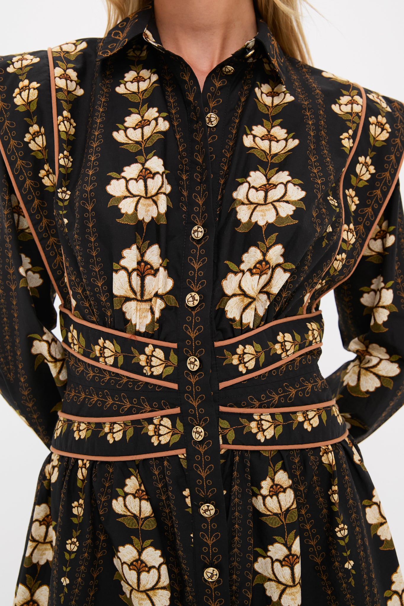 Black Embroidered Flowers Topstitching Long Sleeve Mini Dress with a classic floral print, effortless waist-cinching tan piping, and fun statement shoulders, offering a high-end, chic look.