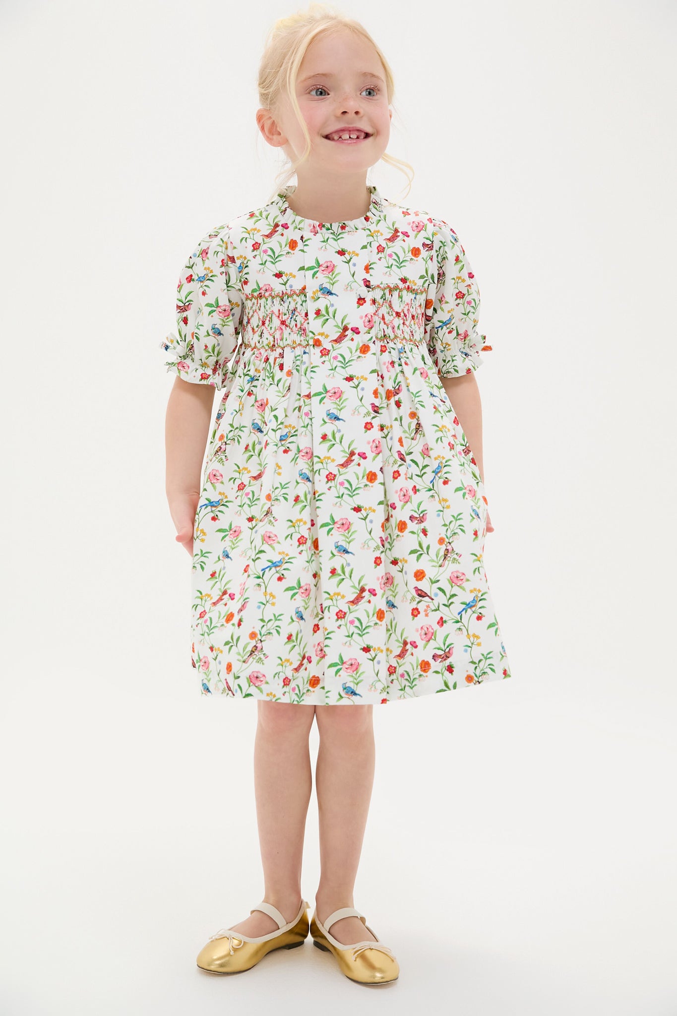 Ivory Bird Floral Carla Hand-Smocked Girls Dress