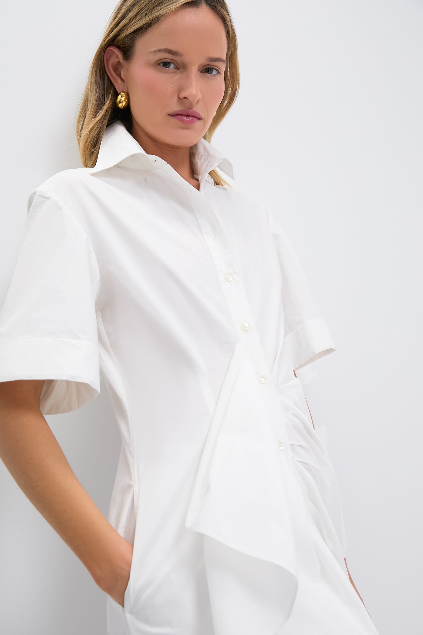White Gathered Ruffle Shirt Dress