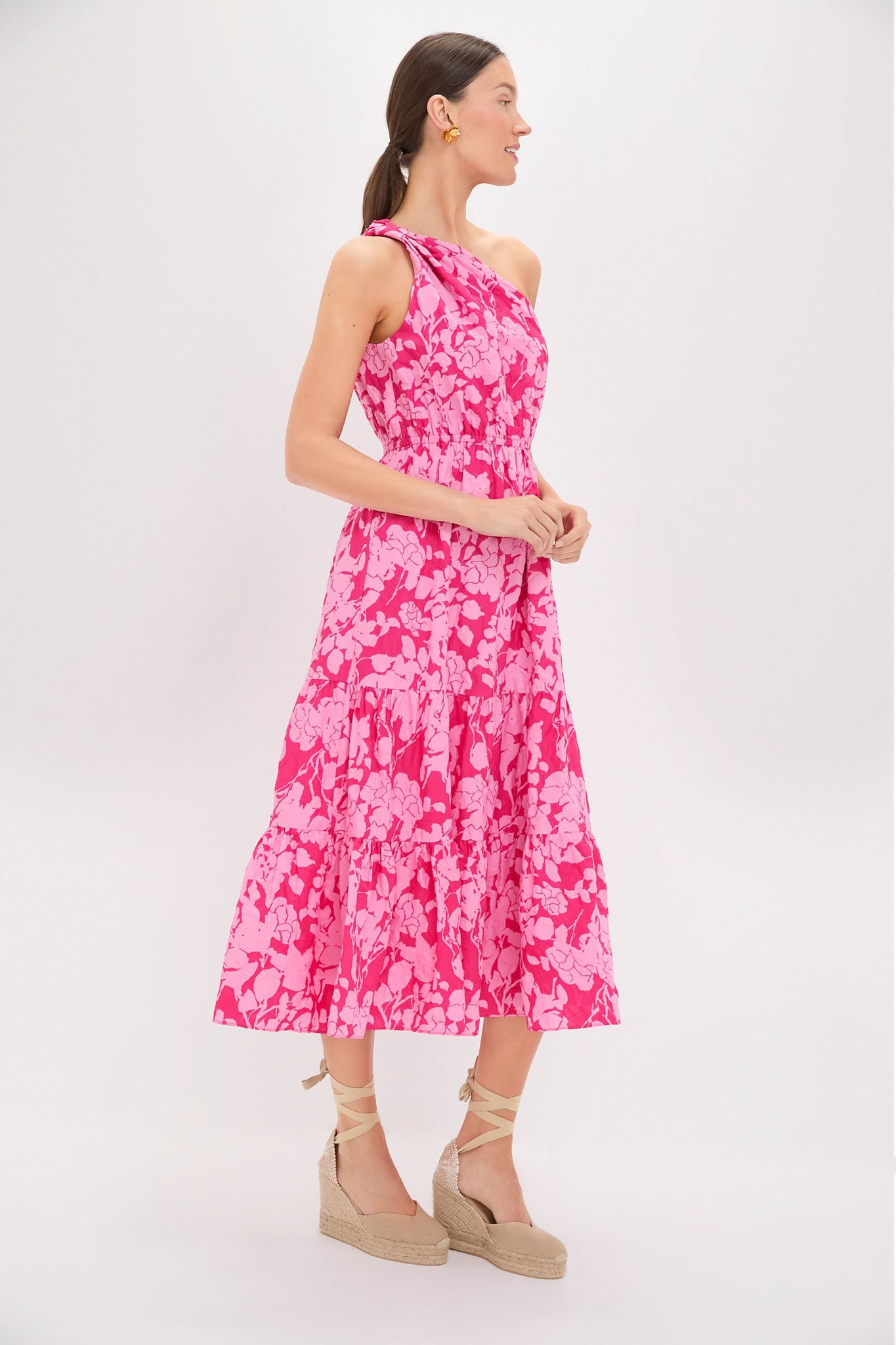Pink Textured Floral One Shoulder Sybil Maxi Dress