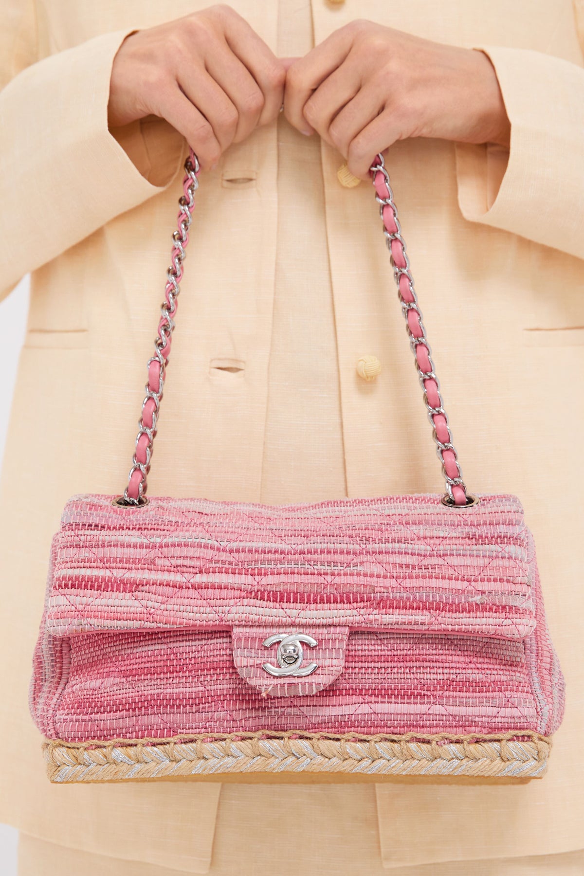CHANEL Pink Classic Raffia Espadrille Flap Bag