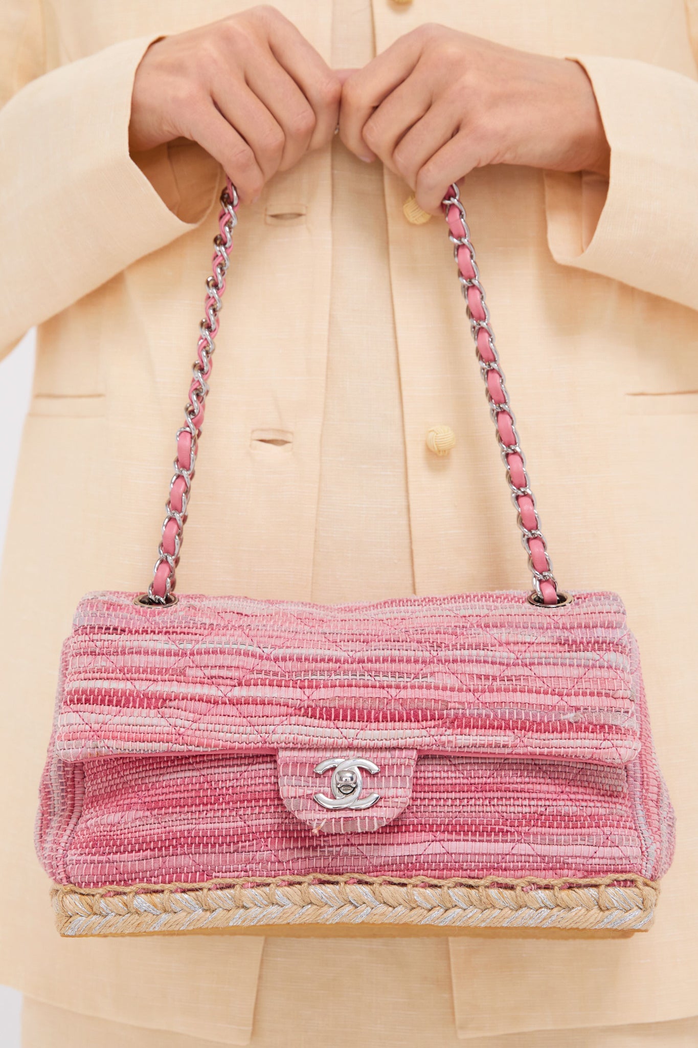 CHANEL Pink Classic Raffia Espadrille Flap Bag