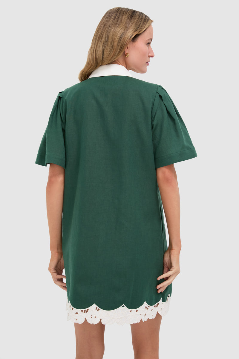 Dark Green Eyelet Trim Cotton Linen Delilah Dress