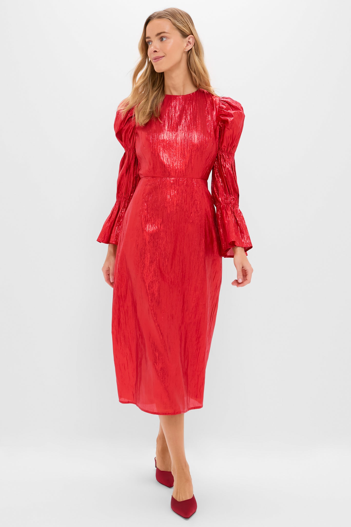 Red Metallic Plisse Puff Sleeve Darcy Midi Dress