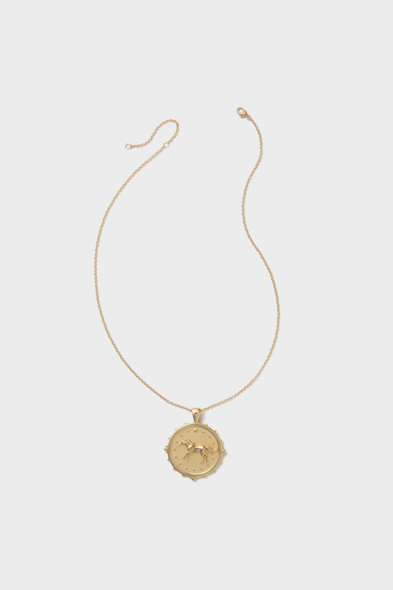 The Jane Win 14k gold-plated coin pendant necklace features a fine chain and a round engraved pendant with a raised sun and moon design.