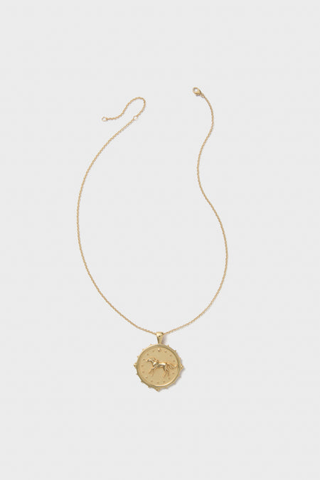 The Jane Win 14k gold-plated coin pendant necklace features a fine chain and a round engraved pendant with a raised sun and moon design.