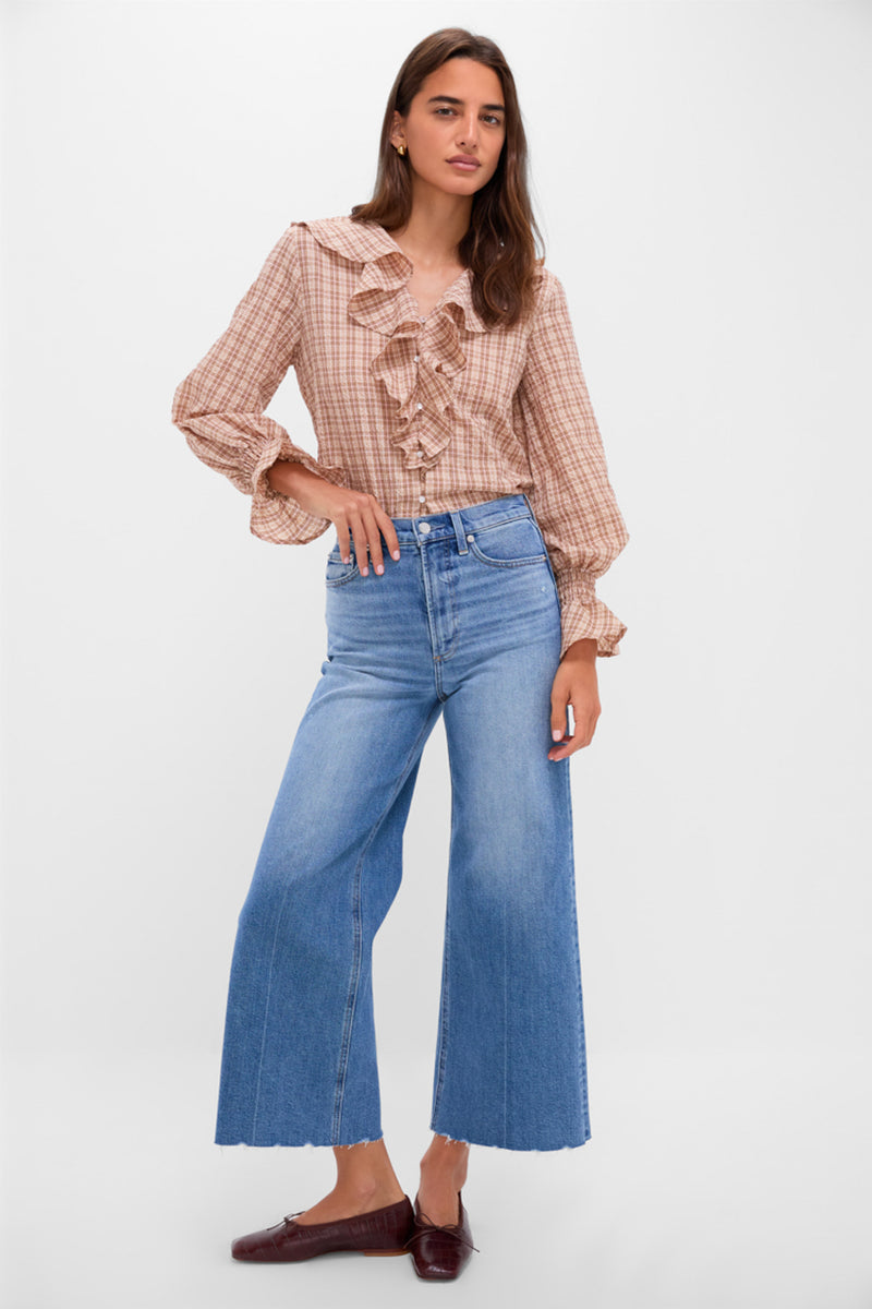 Tan and Pink Plaid V Neck Ruffle Eileen Button Down