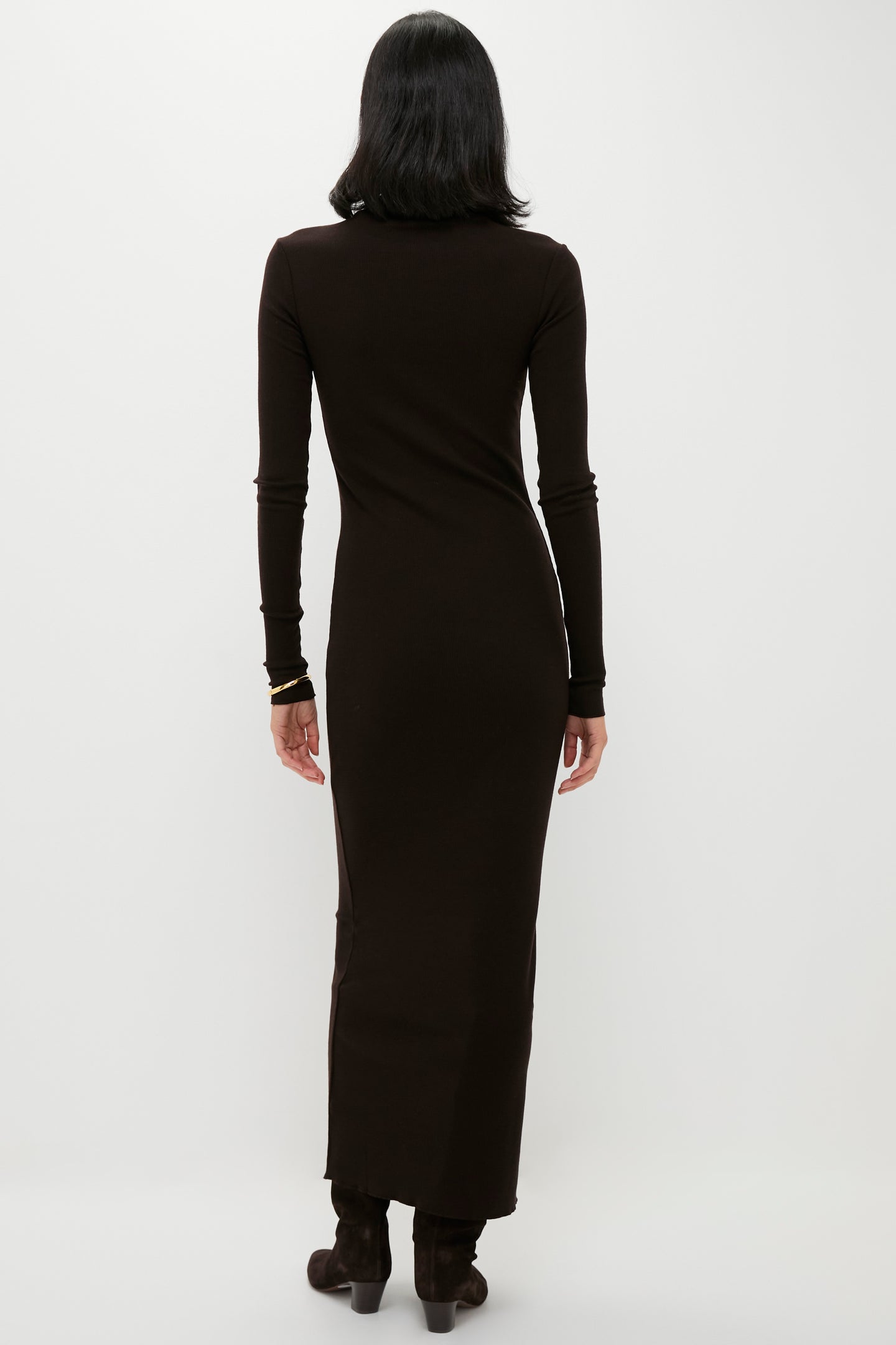 Brown Melange Rib Knit Turtleneck Column Dress