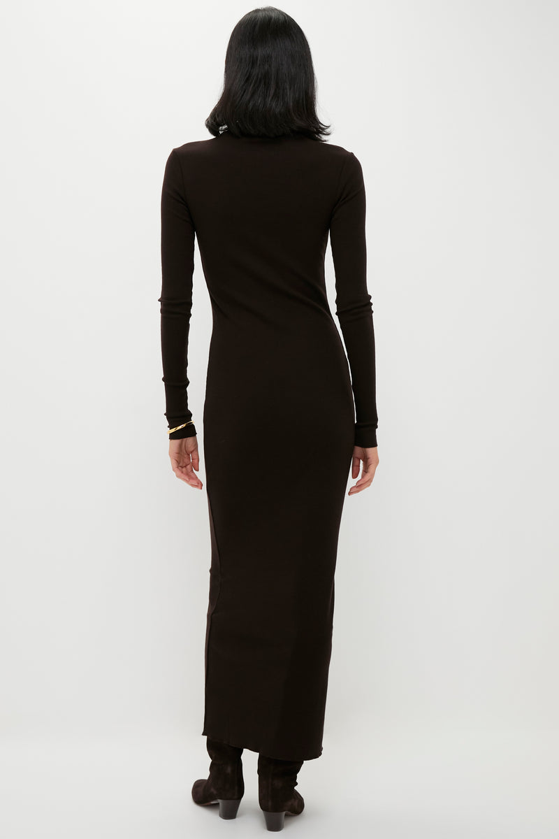 Brown Melange Rib Knit Turtleneck Column Dress