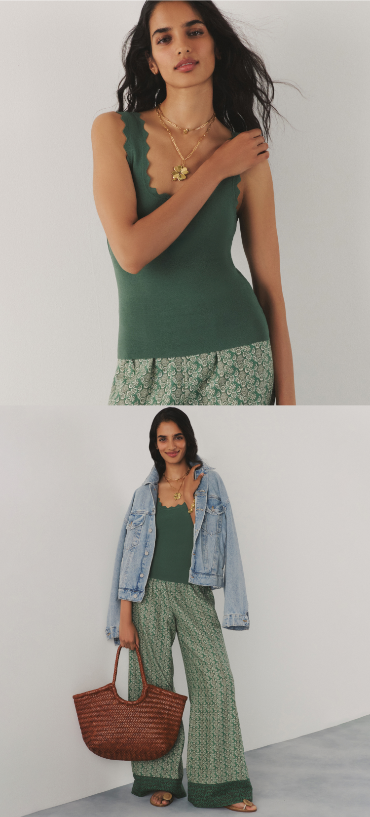 Woman in a green tank and green patterned pants. 