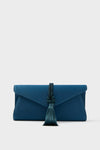 A blue envelope-style party clutch with a tassel and rope detail on the front, the Tuckernuck Accessories Satin Gabrielle Clutch is an elegant choice for special events.