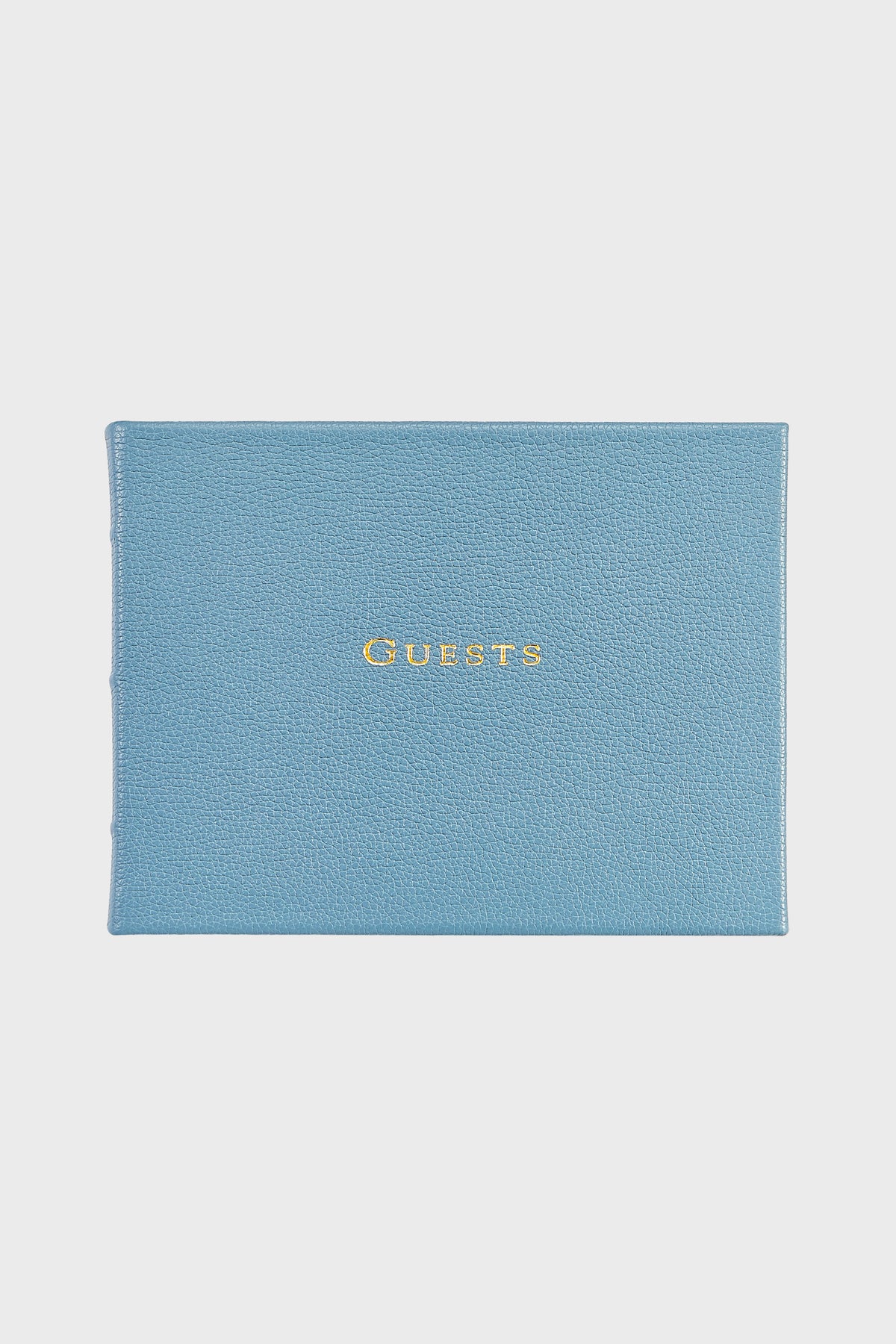 Graphic Image blue leather guest book with "GUESTS" embossed in gold on the cover—ideal for weddings or as a personalized leather gift.
