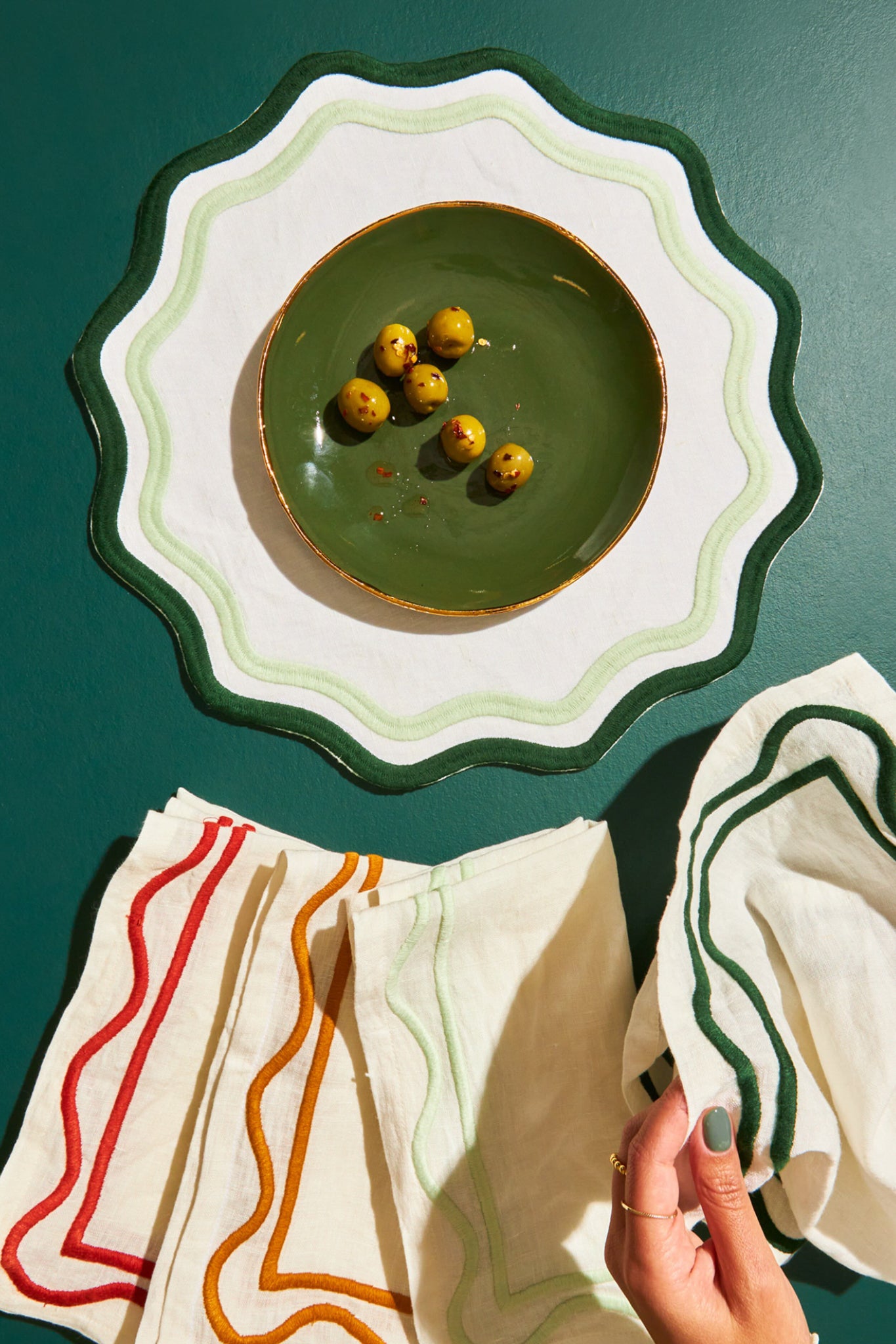 Dark Green and Sage Embroidered Linen Placemats (Set of 4)