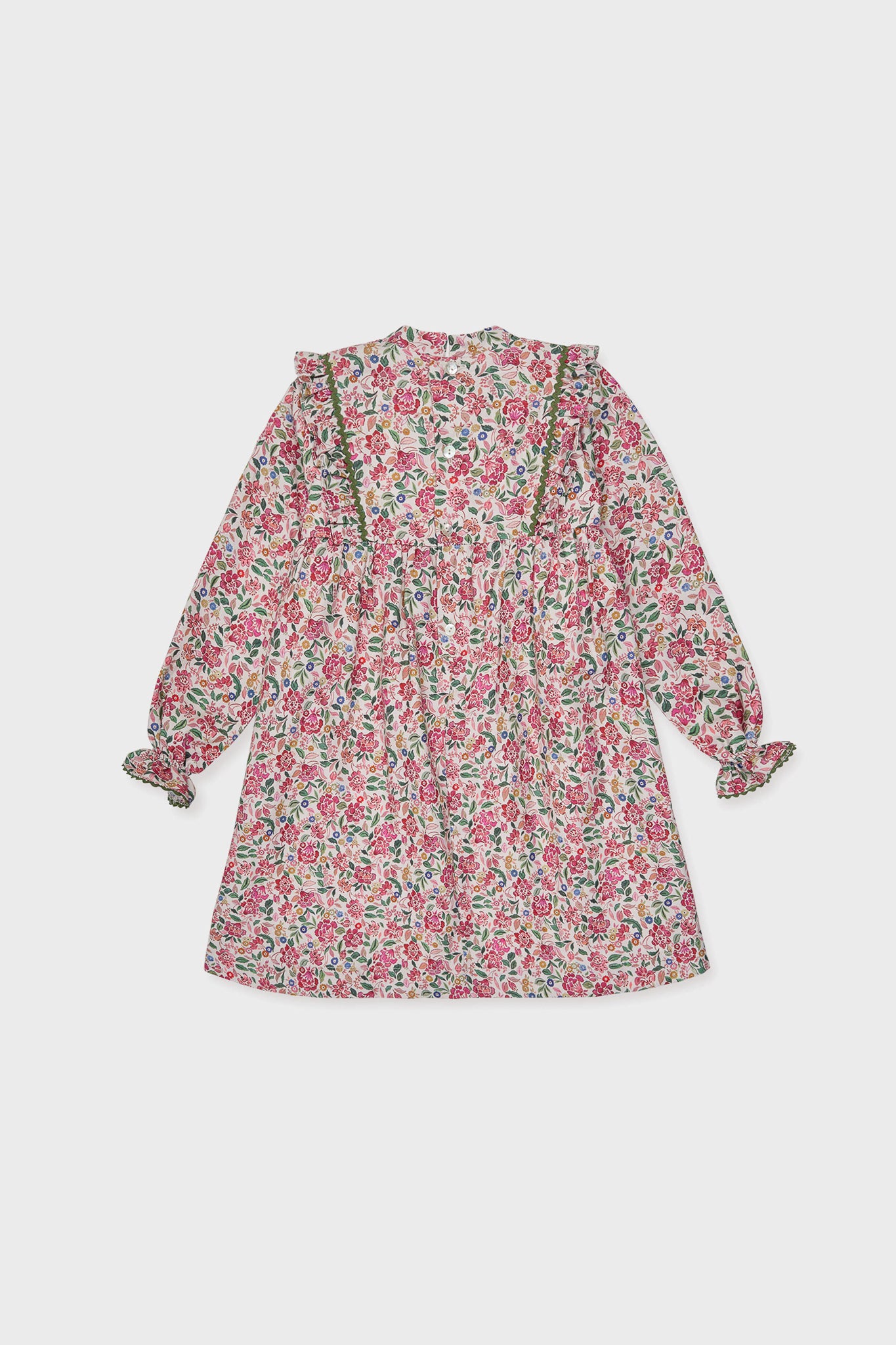 Pink Floral Laurelia Girl Empire Dress with classic A-line silhouette, high ruffled collar, and fun floral print; features effortless green ric-rac trim for a high-end look.