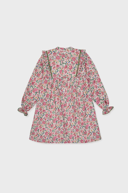 Pink Floral Laurelia Girl Empire Dress with classic A-line silhouette, high ruffled collar, and fun floral print; features effortless green ric-rac trim for a high-end look.