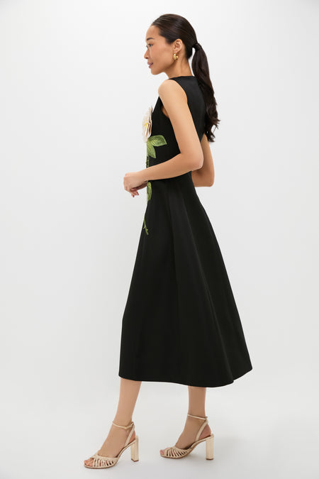 White Rose Printed Cleo Embellished Sleeveless Midi Dress